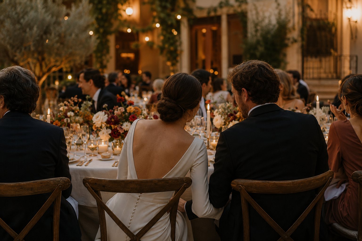 Los novios sentados a la mesa del banquete entre sus invitados, de espaldas, en una celebración al atardecer