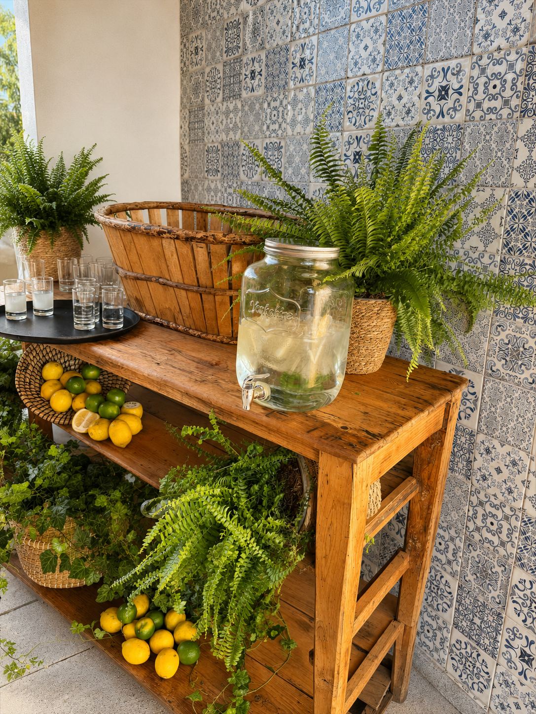 Rincón de bienvenida con limonada casera: un dispensador de cristal, vasos, limones y helechos sobre una consola de madera, ante una pared de azulejos azules