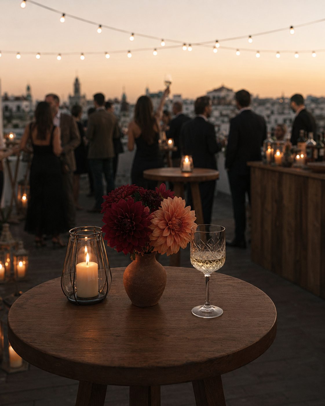 Celebración al atardecer en una azotea con guirnaldas de luces: en primer plano, una mesa alta con una vela, flores y una copa; detrás, invitados de pie brindando desenfocados