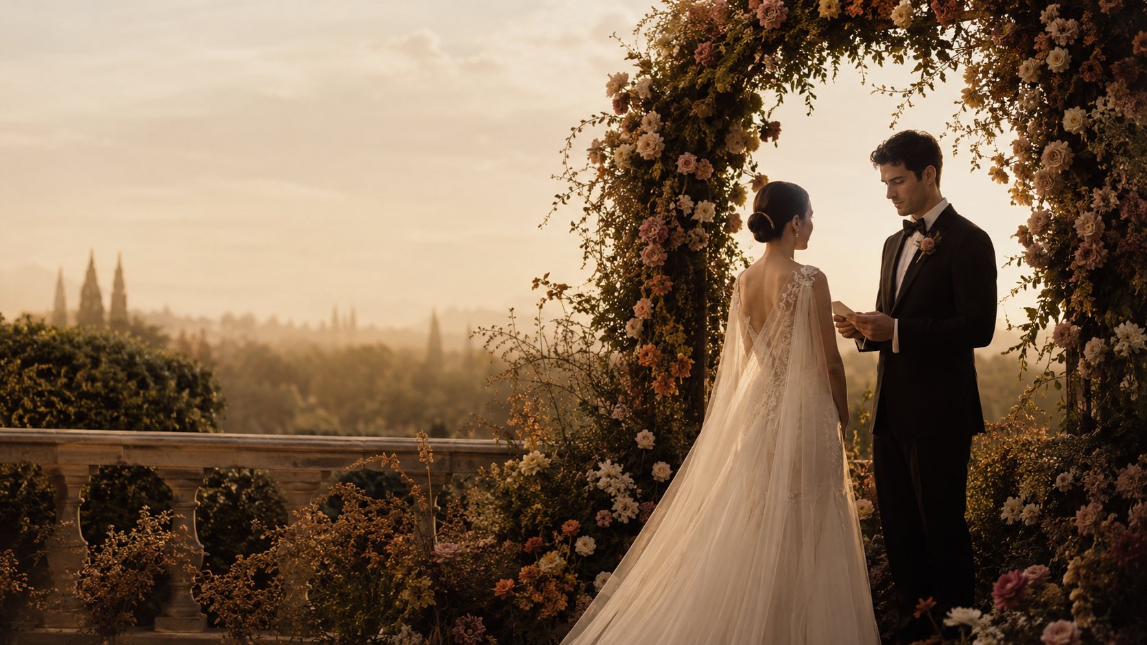 Los novios intercambian los anillos bajo un arco floral, con el atardecer al fondo