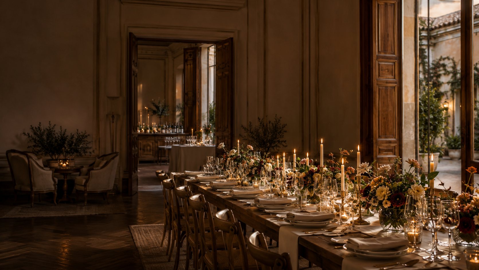 Mesa larga vestida con velas encendidas y flores, en un salón con ventanales y luz cálida