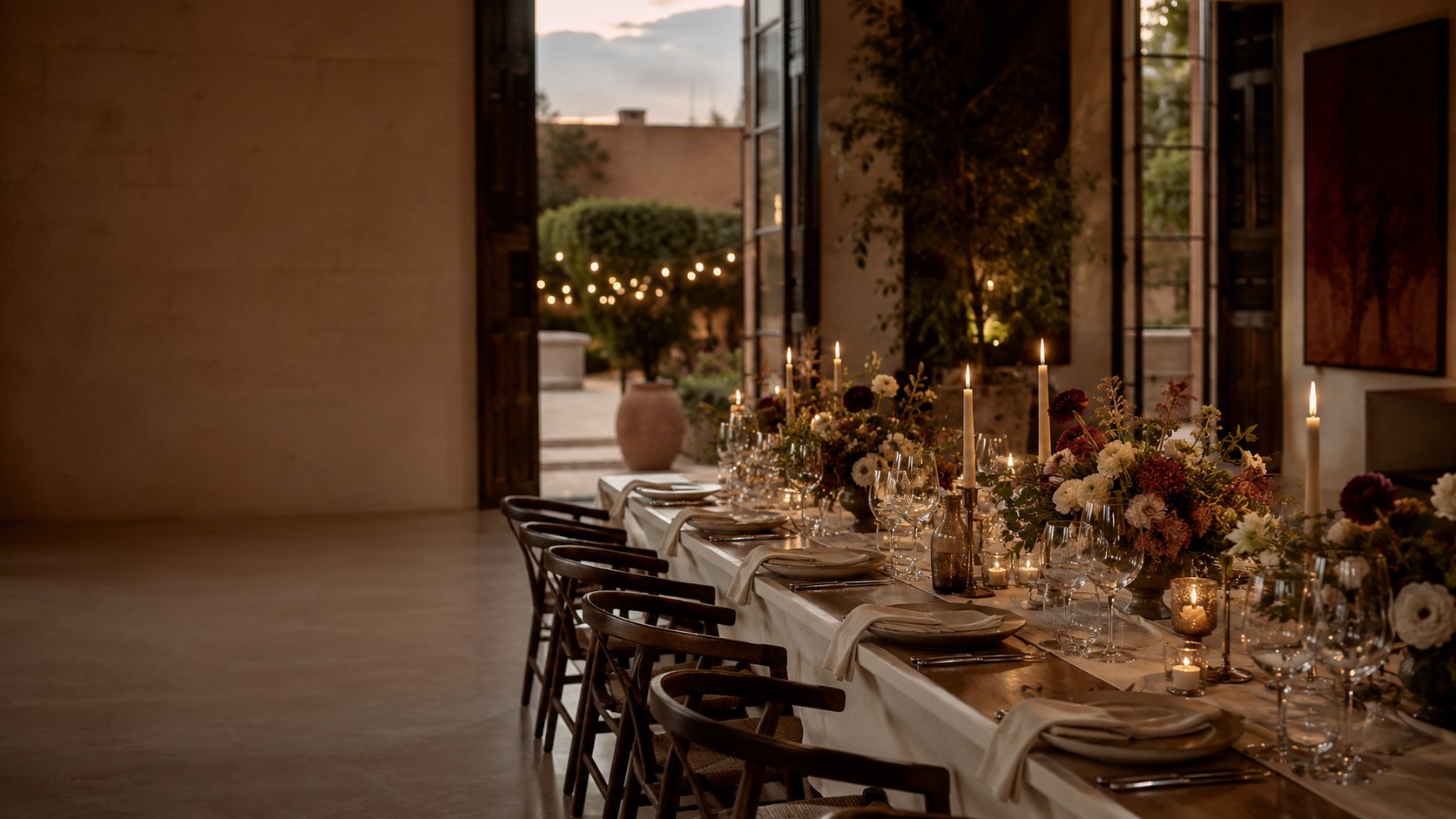 Mesa larga de banquete vestida con velas encendidas, flores y cristalería, en una sala abierta a un jardín al atardecer